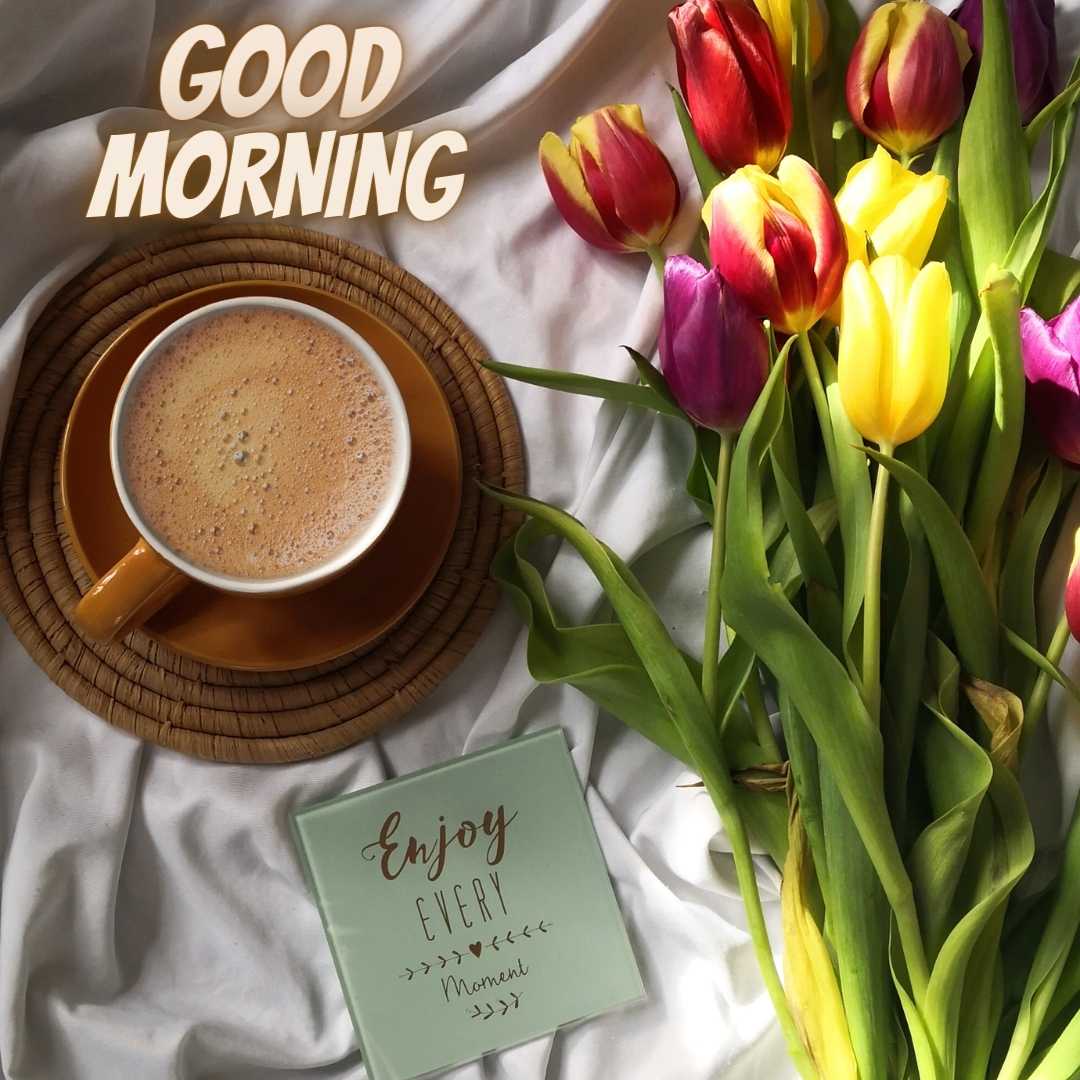 Spring composition with multi colored tulips, coffee cup and coaster sitting on the bed. Good mornin